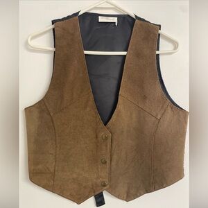 VTG Brown Tan Suede Leather Western Boho Button Up Sleeveless Vest Sz Small NFR